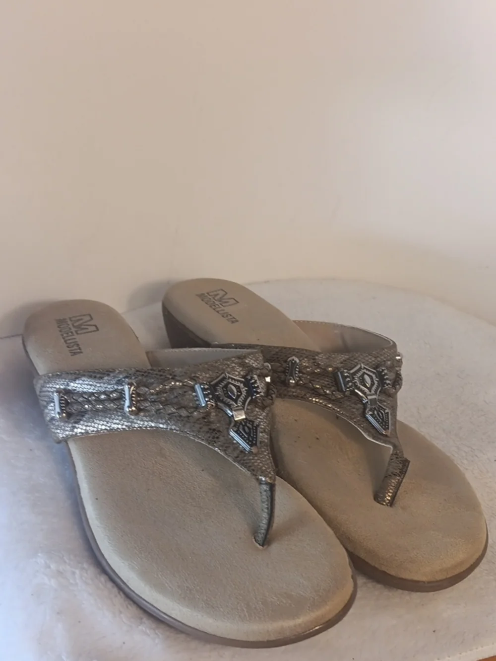 Metallic Braided Thong Sandals with Decorative Snake Print Accents - Silver